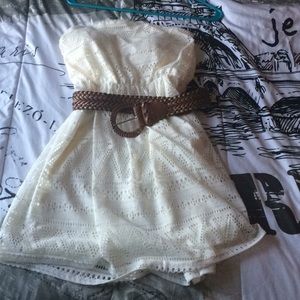 White Strapless Dress w/ Brown Belt